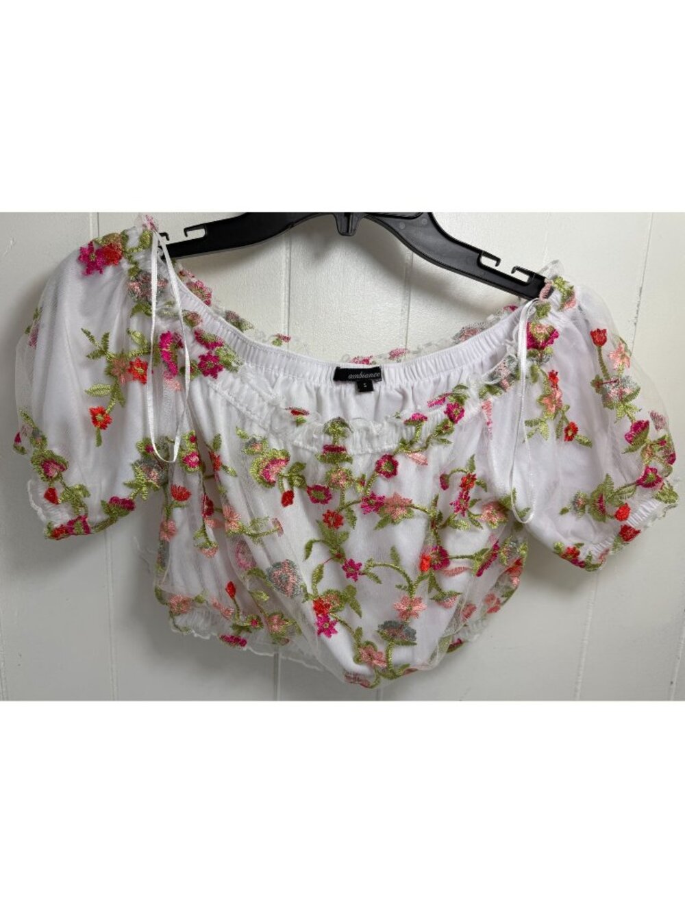 Crop Top Off Shoulder Embroidered Floral Sheer Women's Small S Y2K